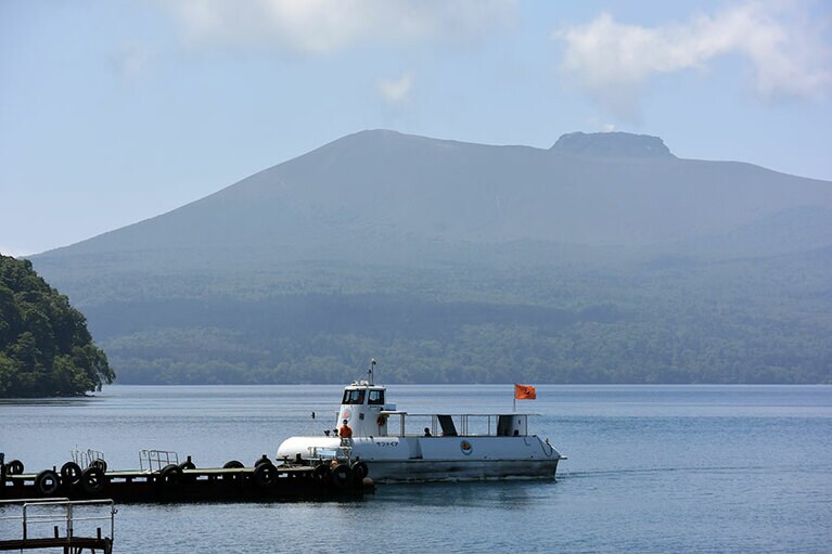 山の背後にちょこんと見えるプリンのような山容が樽前山。
