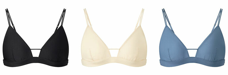 ワイヤレスブラ（シアー） 2,290円。左から、09 BLACK、30 NATURAL、63 BLUE。