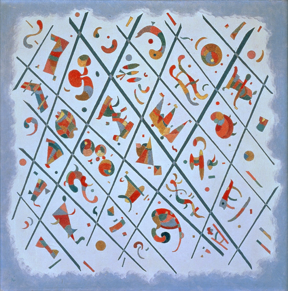 【ワシリー・カンディンスキー《分割―統一》1934年】カンディンスキーがドイツからフランスに移住し、幾何学的な形態から離れて有機的なモチーフや色彩を用い始めた頃の作品。