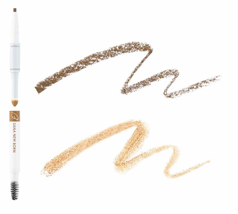 楕円形の芯が描きやすいペンシルと、ふんわりパウダー、そしてぼかし用のブラシの3アイテムを1本にセット。簡単3ステップで思い通りの眉メイクがかなう。色も全8色と豊富で、髪色に合わせたり“ミュート眉”作りにと好みに合わせて選びやすい。写真は、明るめブラウンのペンシルと、イエローベージュのパウダーでふわっとした印象を作れる、０６ ハニーブラウン。サナ　ニューボーン　パーフェクトアイブロウ 全8色 各1,320円／常盤薬品工業