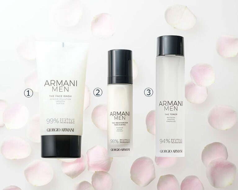1. アルマーニ メン クレンザー 150mL 4,500円／2. アルマーニ メン モイスチャライザー 50mL 6,800円／3. アルマーニ メン ローション100mL 5,600円