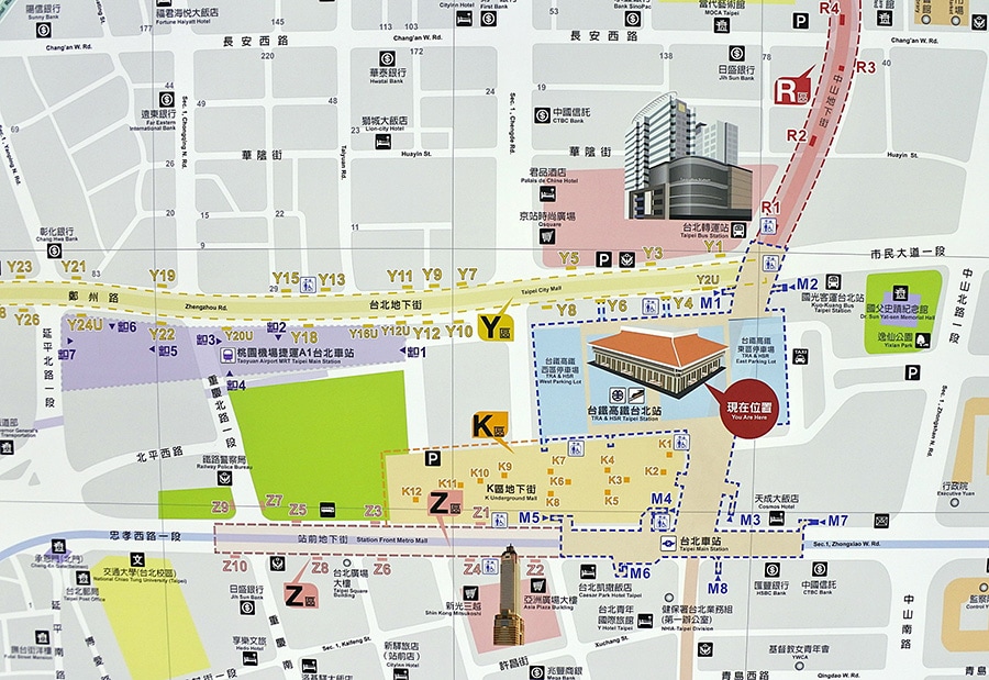 台北駅と周辺のマップ。台北駅の上下と北に向かう方向に地下街がある。