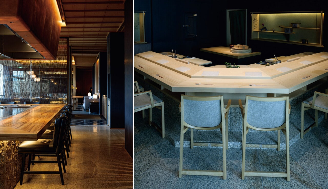 左：レセプション棟7階に広がるダイニングフロア。手前に「FUJI KANDA」、その先に「懐石料理 花壇」と「カウンター割烹」、その奥には鮨「富士 匠」が佇む。右：舞台をイメージした白木のU字型カウンター。