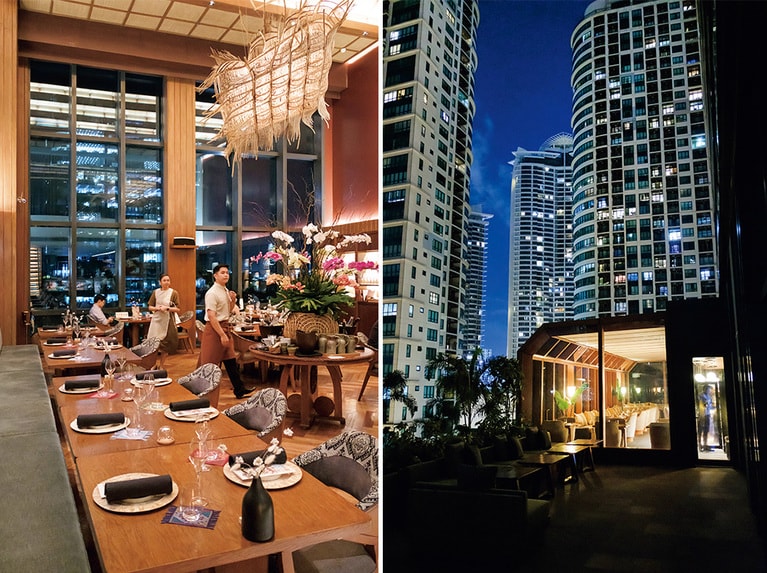 （左）スタイリッシュで開放的な店内。（右）ルーフトップバー「AYA」も併設。