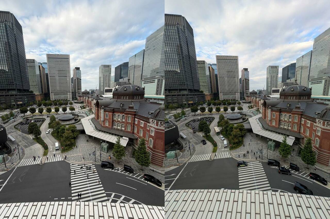 左がiPhone、右がPixel。この画角（0.5倍）であれば見え方はほぼ同じです