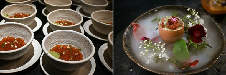 イクラに見せかけたタピオカをのせたツナ・タルタル（左）。卵の殻の中に茶わん蒸しが（右）