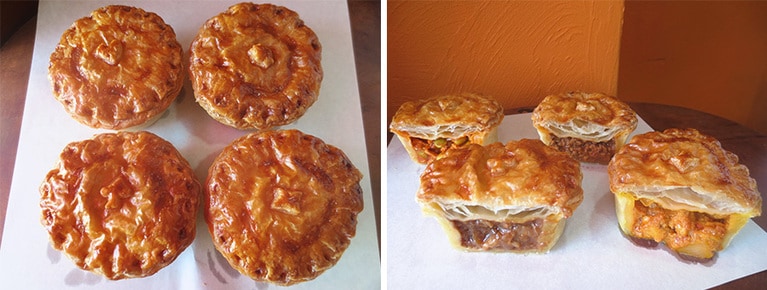 丸いパイ。左上から時計回りに、「パプリカチキンパイ」520円、「オージーパイ」540円、「チキンカリーパイ」500円、「ビーフパイ」570円。商品価格は変動あり。