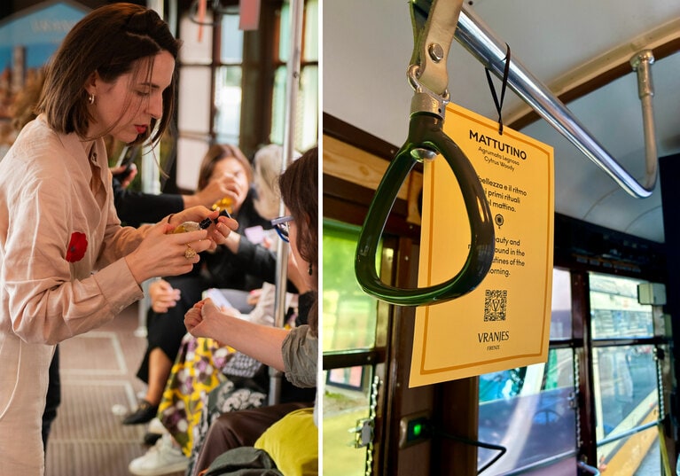 調香の背景にあるストーリーを聞きながら、ひとつずつ香りを体験。吊り革に揺れる解説カードを読み、さらに理解を深めていく。