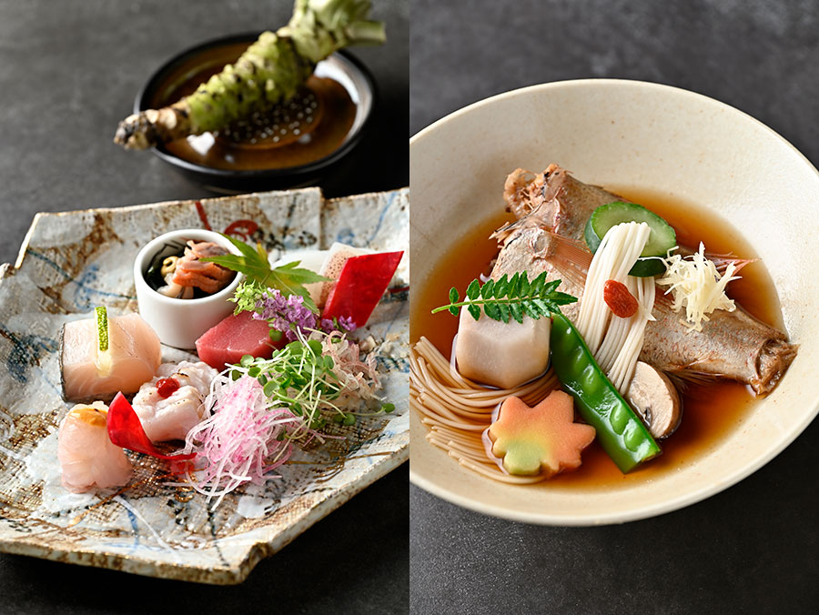 〈写真左〉鮮魚のお造りに添えられるのは、津和野町産の島根わさび。〈写真右〉旨みたっぷり「のどぐろ煮付け」。
