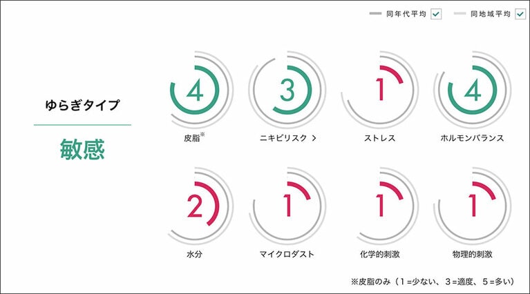 先の画面の2項目めを展開した画面です。各要素は、1～5段階で判定。「1」が要注意要素で、赤色表記されています。ストレスやマイクロダスト、科学的刺激が「1」なのに注目です。資料提供：ポーラ