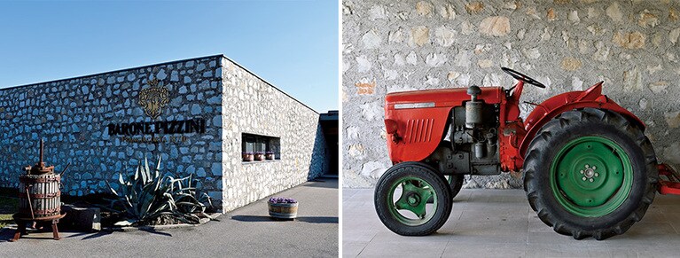左：バローネ・ピッツィーニの外観。
右：ワイナリーの傍らに置かれた畑仕事をこなす農機。