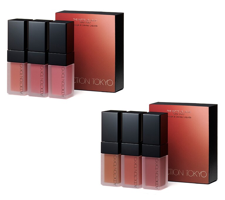 ザ マット リップ リキッド　“ミニ トリオ” 4,730円。セット内容 上から：ザ マット リップ リキッド 001、同 016、同 102(001の場合)／ザ マット リップ リキッド 009、同 015、同 101(002の場合)。発売日：11月12日(金)