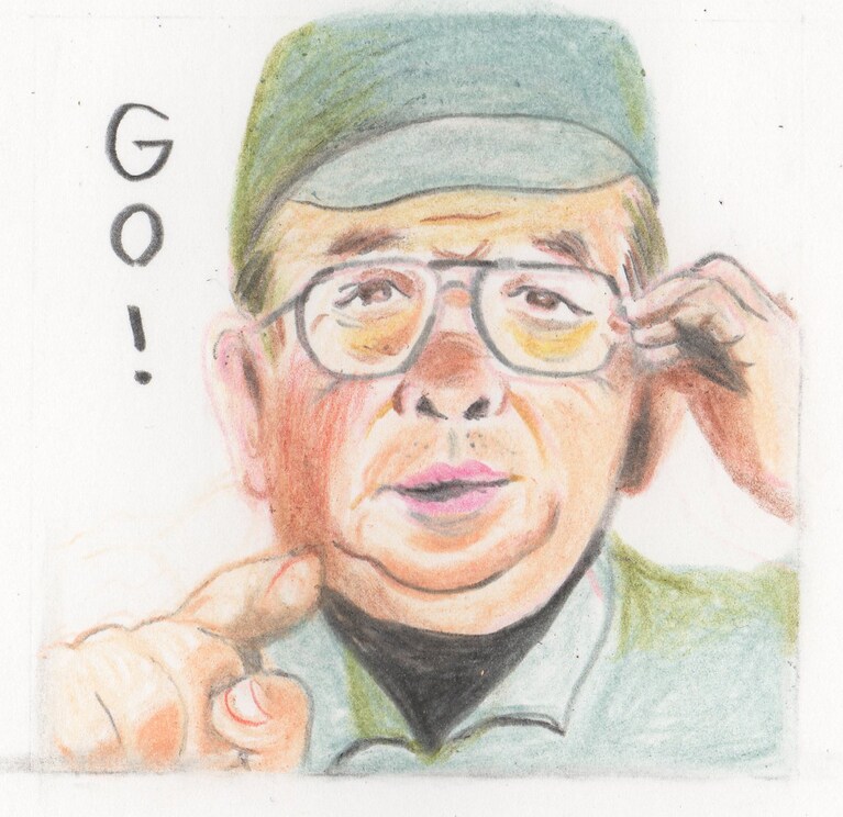 号令を出す工場長（絵・みうらじゅん）。