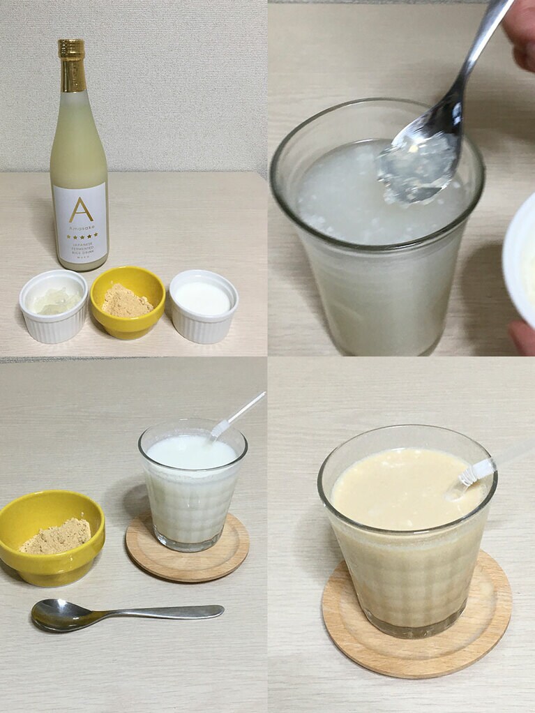 今回ご紹介したドリンクと材料です。左上から時計回りに、材料の「甘酒・寒天・きなこ・ヨーグルト」、寒天入り甘酒、きなこ甘酒ドリンク、ヨーグルト甘酒ときなこ。