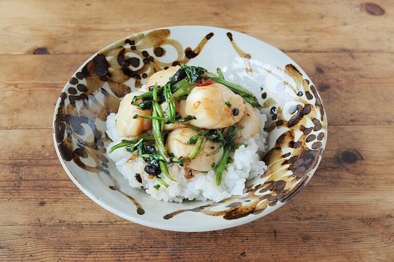 ホタテとクレソンの豆鼓炒め。