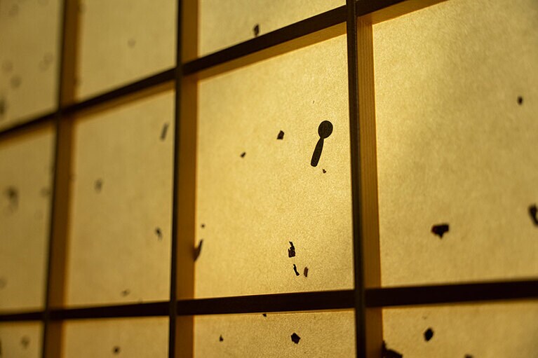 柔らかな光が透過する寝室の障子にひそむ、かわいいこけし。