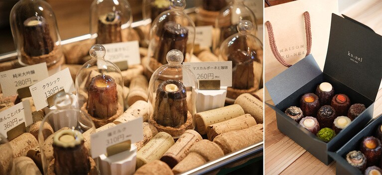 店内にあるカヌレのコーナー。丹波産の材料を使った「京都奥丹波カヌレ」9種類のフレーバーが楽しめます。9個入りBOX 2,710円、18個入りBOX 5,420円。
