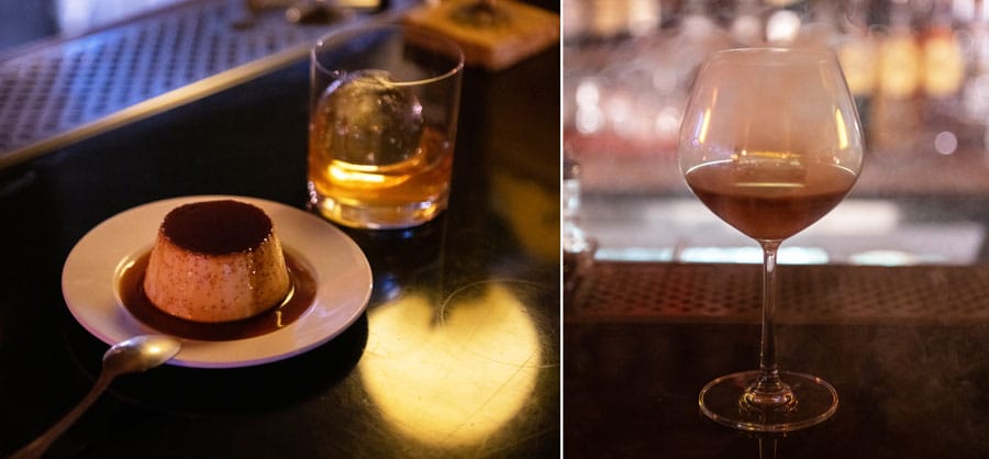 左：自家製のプリンはお酒に合う（1テーブルひとつのみ注文可）。W20,000。 
右：ダークラムがベースのカクテル「シガー イン グラス」。W20,000。