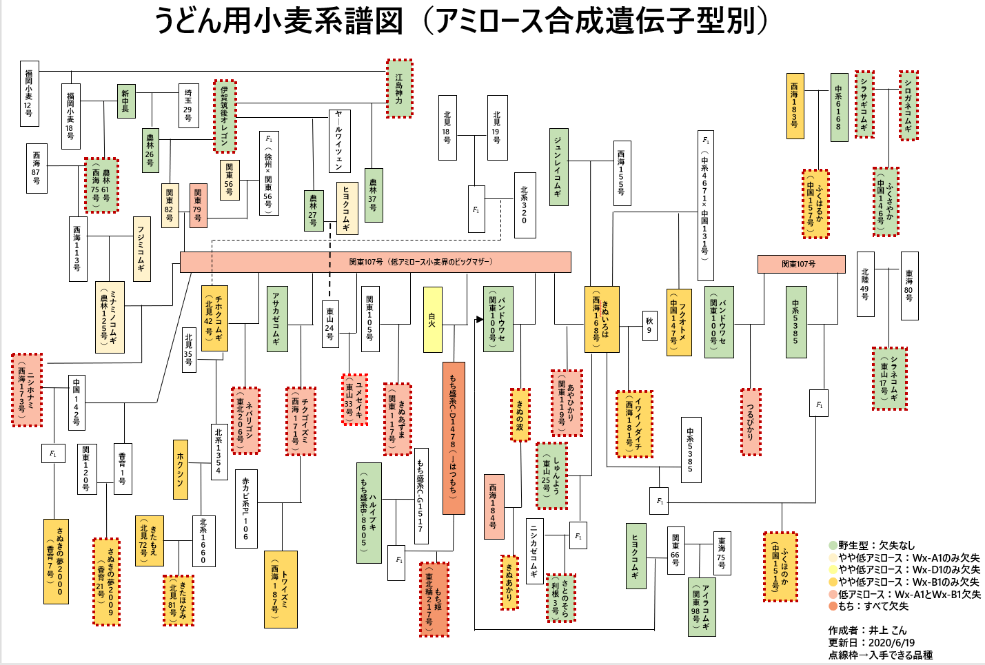 この井上こんさん作成の低アミロースのタイプ別からみた系譜図は圧巻である