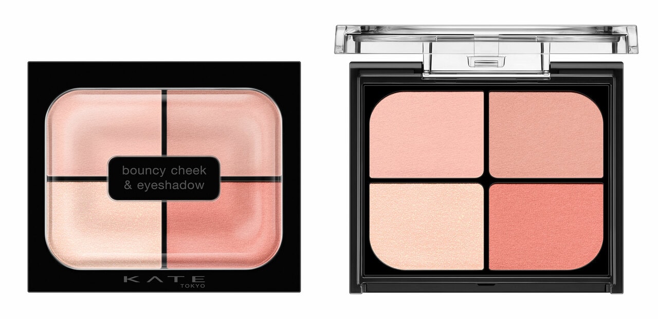 頬まで広く色を乗せることで、目元の印象を拡大する4色アイシャドウ。上の2色は陰影を引き出す、きめの細かいマットカラー。左下は弾力感があり濡れたようなツヤを演出する、パール入りのハイライトカラー。右下は自然ににじみだしたようにツヤと色を発色する血色カラー。上2色が白みのあるピンクで、右下はわずかな赤みも入ったピンクのPK－2 ピンクムース。ケイト　バウンシーチークシャドウ 全5種 1,650円（編集部調べ）／カネボウ化粧品（1月24日発売）