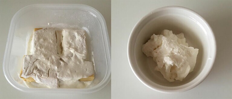 白い膜のように見えるのがギリシャヨーグルト。右は容器に取りだしたもの。