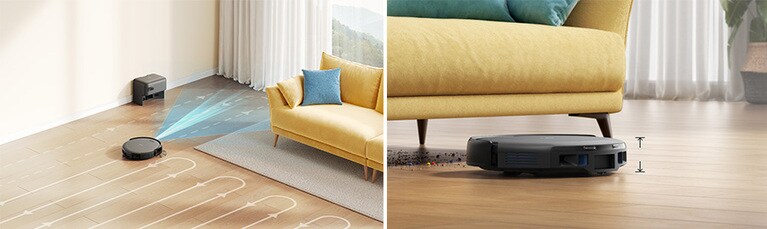 独自のiPath™レーザー・ナビゲーション技術により掃除に最適なルートを作成し、効率的に掃除。薄型ボディはソファの下もラクラク掃除。