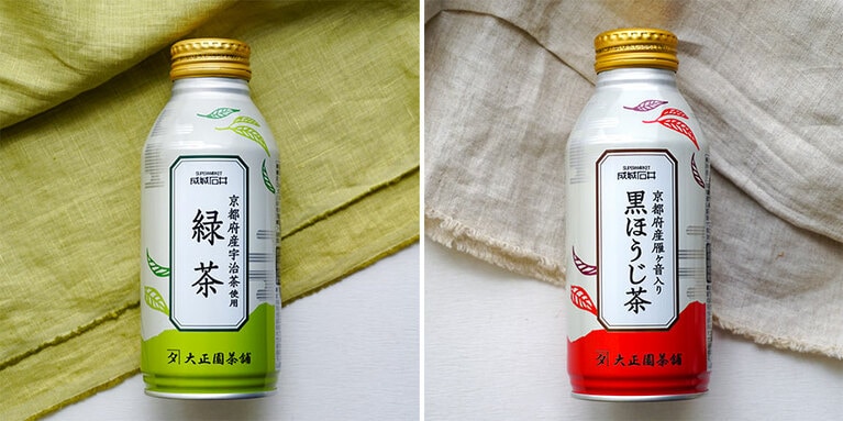 左から、成城石井 京都 府産 宇治 茶使用 緑茶 390g 税込172円、成城石井 京都 府産 雁ヶ音入り黒 ほうじ茶 390g 税込172円。