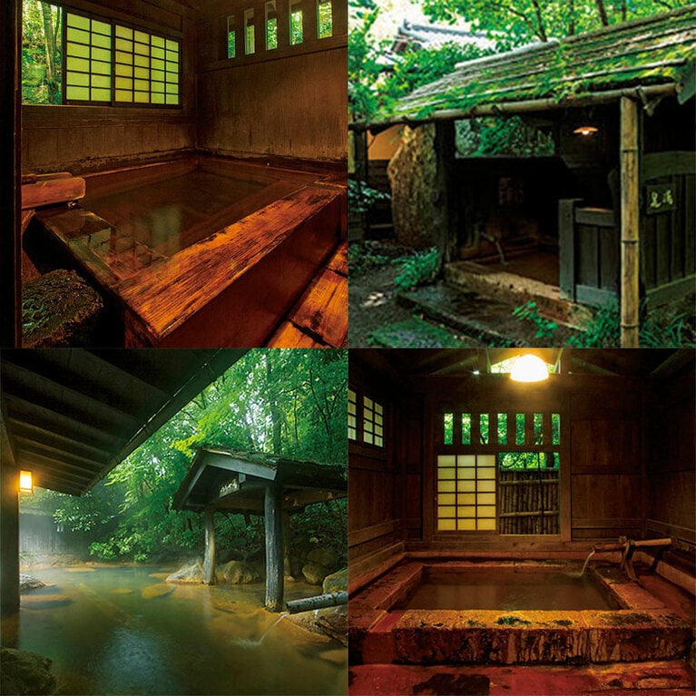 上段左：家族風呂「桧風呂」。上段右：落葉樹の木立の中の足湯小屋。
下段左：男性専用露天風呂「もやいの湯」にはうたせ湯もある。下段右：家族風呂「切石風呂」は障子越しのやわらかな光が心地よい。