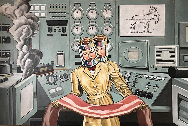 招待アーティスト、ユアサエボシ氏の2017年作品「女性行員No.4」。招待アーティストと公募によって選出されたアーティスト、あわせて37組のアーティストの現代アート作品が11施設に展示される