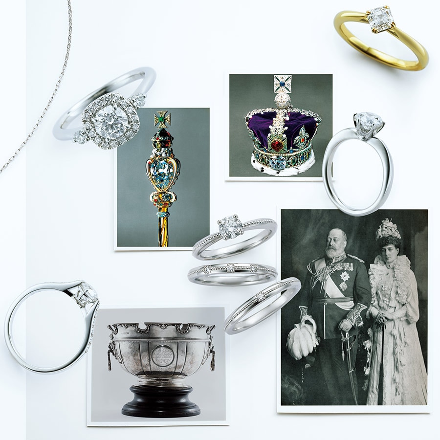 〈写真〉右上から時計回りに：現エリザベス女王が戴冠式で披露した王冠。 正面下に「カリナンⅡ世」が輝いている／「カリナン」を献上され、アッシャー社がカットに成功した1908年の エドワードⅦ世と妻のアレクサンドラ。ファッションリーダーでもあった／功績を讃え、エドワードⅦ世からアッシャー社に贈られた現存する銀杯／カット後のもので最大の「カリナ ンⅠ世」が埋め込まれた英国王室王笏。ロンドン塔博物館収蔵。
〈ジュエリー〉右上から時計回りに：ロイヤル・アッシャー・カットのリング(YG×センターDIA0.30ct〜) 425,700円〜、クラウンモチーフのリング(PT×センターDIA0.17ct〜) 228,800円〜、ミル打ちのリング(PT×センターDIA0.17ct〜) 228,800円〜、3ポイントのリング(PT×DIA) 132,000円、1ポイントのリング(PT×DIA) 121,000円、サイドにクラウンモチーフが象られたリング(PT×センターDIA0.17ct〜) 470,800円〜、パヴェセットされたダイヤモンドが取り巻くリング(PT×センターDIA0.17ct〜) 481,800円〜／すべてロイヤル・アッシャー(ロイヤル・アッシャー・オブ・ジャパン)