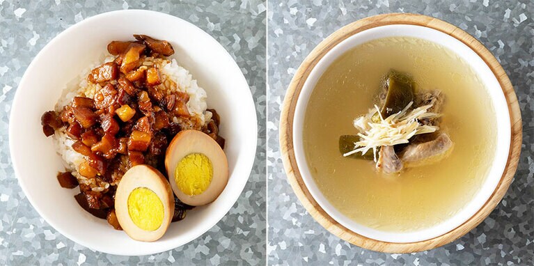 「純發魯肉飯」30元（単品）と「剝皮辣椒燉雞湯（唐辛子の漬物入りスープ）」のセット。100元＋煮卵20元。