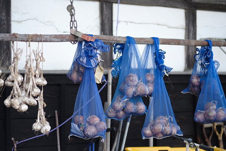 納屋の軒先には、雪がふる前に収穫した玉ねぎやニンニクが食卓にのぼる順番を待っています。