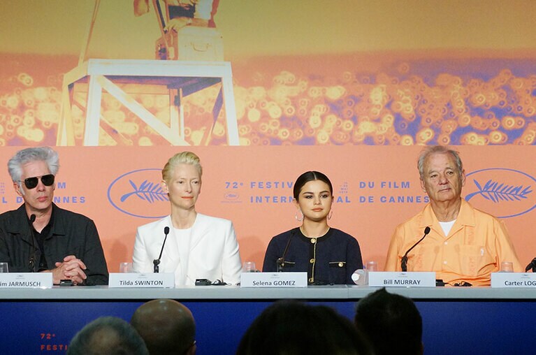 『ザ・デッド・ドント・ダイ』の会見。左からジム・ジャームッシュ、ティルダ・スウィントン、セレーナ・ゴメス、ビル・マーレイ。ゾンビ役がぴったりだったイギー・ポップがいなくて残念。