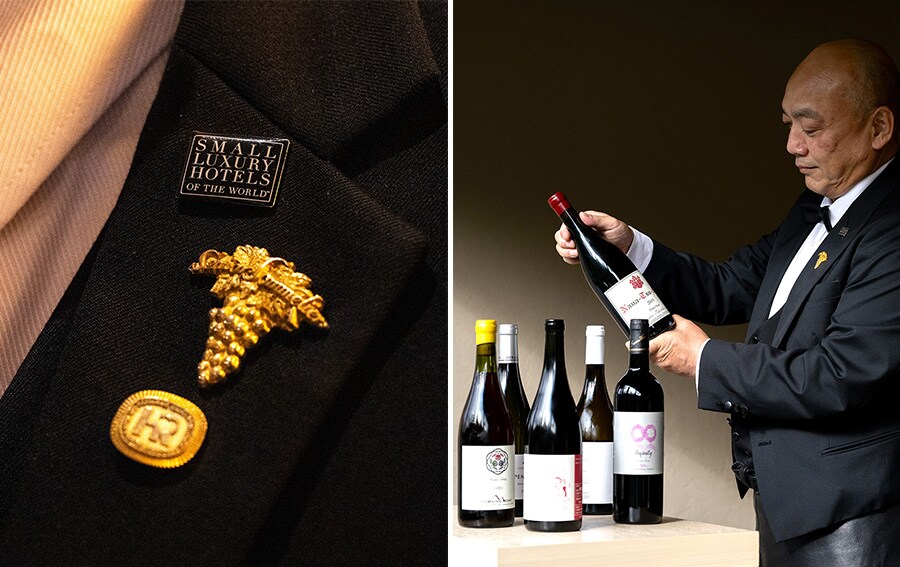 ソムリエとして道内で長く活躍してきた川口健太氏。その経験と人脈を生かした道産ワインの品揃えが素晴らしい。襟にはソムリエバッジとスモール・ラグジュアリー・ホテルズの徽章が輝きます。