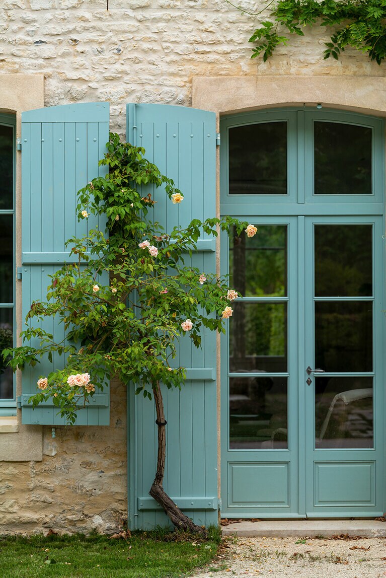 敷地内のあちらこちらにバラの木が植えられ、美しさを添える。