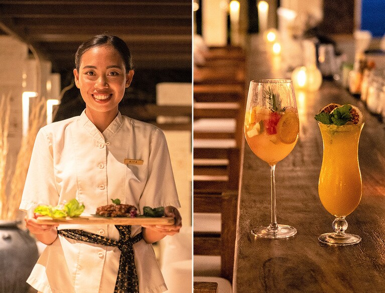 シャンパンやカクテルを満足感ある料理とともに。