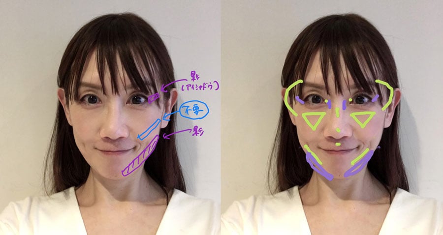 一般的に、頬骨の下に入れることの多いシェーディングは私には不要。右の写真の黄緑部分は、ハイライト(光)を入れる大まかなポイントです。