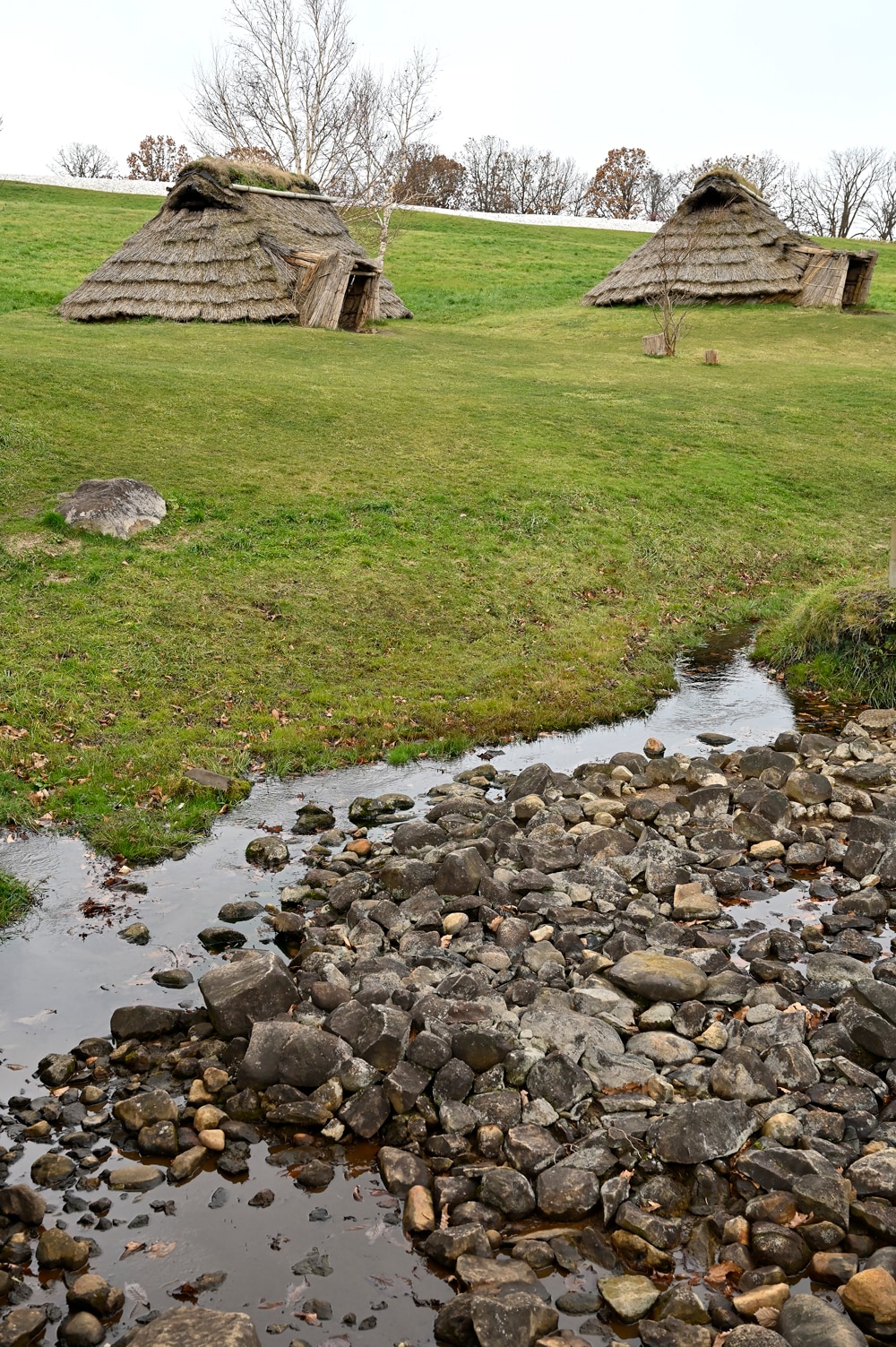 約6000年前から湧き続ける水の畔に復元された縄文住居群。
