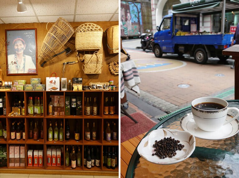 タイヤル族の伝統工芸品の店でもありカフェでもある。馬告珈琲には金箔が。