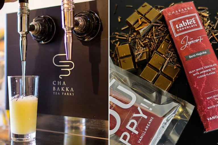 左：厳選シングルオリジン ドラフトティー 770円、右：紅ほうじ茶タブレットショコラ 825円／CHABAKKA TEA PARKS 熱海店