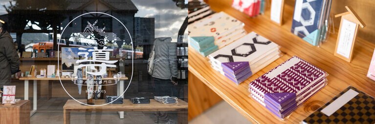 左・店の入り口は出雲大社に向かう神門通り沿い。右・六角家紋 白磁 小判、出雲小紋 古代紫 小判各2,200など。