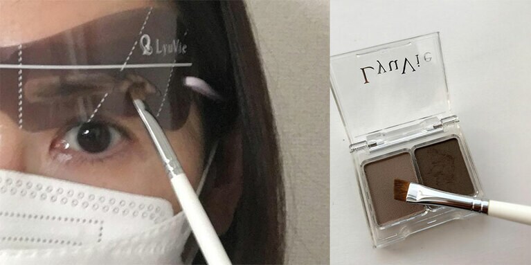 眉尻には濃い色を塗り、真ん中には「薄い＋濃い」を混ぜて、眉頭には薄い色を塗る。