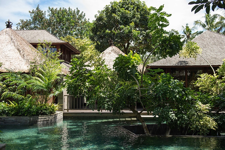 まるでウブドの沐浴の泉のように景観になじむプール。