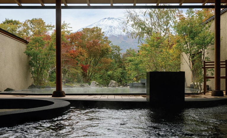 富士の裾野から湧き出る天然アルカリ温泉。大地のエネルギーに包まれる大浴場。