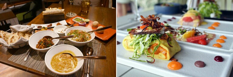 写真左：インドとスリランカではカレーやナンのスタイルが違うことを、トラディション・インドセイロンで学びました。写真右：モルディブの伝統的な料理を現代風にアレンジしたメニューが楽しめる「ロヌ」。