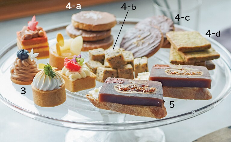 3：ミニャルディーズボックス 5個入り 2,700円／パーク ハイアット 東京［ペストリー ブティック］ 
4-a：ビスキュイ・レンヌ 100g 960円／Régalez-Vous(レガレヴ) 
4-b：オリーブと胡桃のサブレ 100g 860円／Régalez-Vous(レガレヴ) 
4-c：ビスキュイ・バロン 100g 960円／Régalez-Vous(レガレヴ) 
4-d：玄米サブレ 100g 860円／Régalez-Vous(レガレヴ) 
5：ドライフルーツの羊羹 400g 2,300円／wagashi asobi
