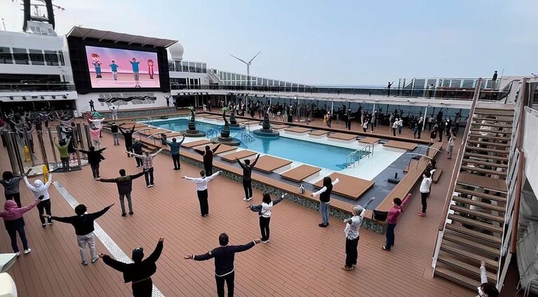 毎朝開催している「ラジオ体操」は人気イベントだ