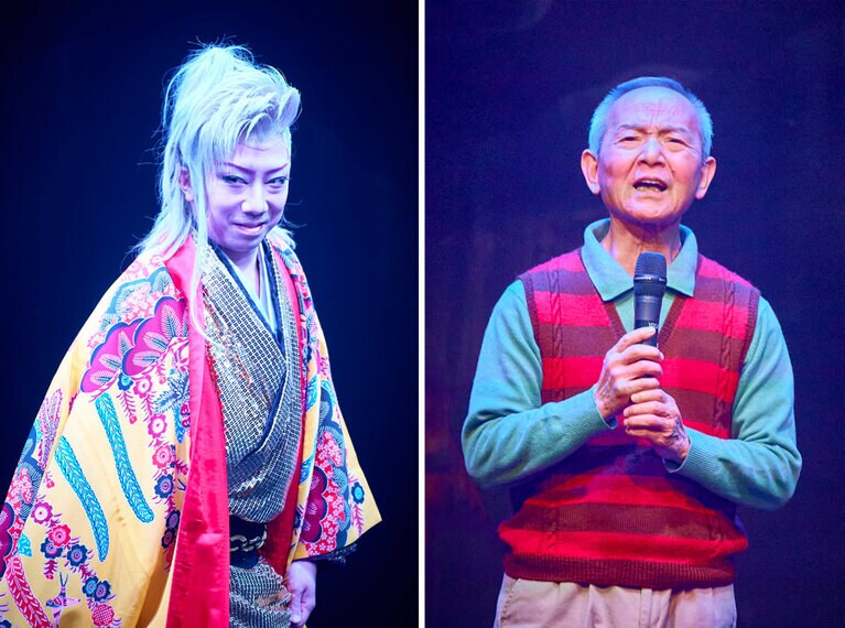 七川虎之助役の市川猿之助さんと『夜明けの停車場』を歌う石橋正次さん(前回公演より)。撮影：齋藤芳弘