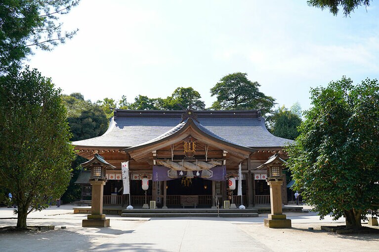 稲田姫がオロチから難を逃れるために隠れたのは本殿裏の森の中。夫婦愛の象徴の玉椿の木もある。