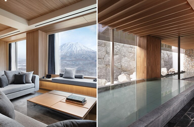 〈写真左〉客室の窓の外には、もちろんニセコの絶景が広がります。 〈写真右〉天然温泉は、大浴場の内湯、露天風呂、貸切風呂で楽しめます。